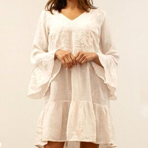 🏷️Anthropologie KYLA SEO Petal Pink Linen Embroidered Bell Sleeve Dress Small